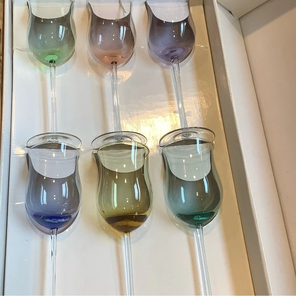 Six Spectrum Hand Blown Crystal Tulip Wine Goblets